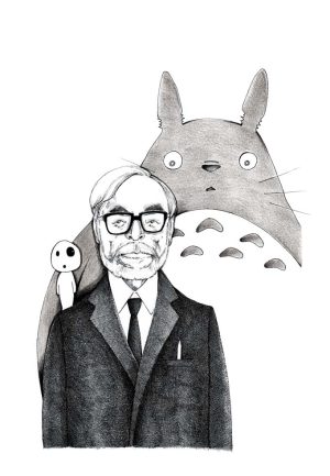Hayao Miyazaki mit Totoro und Waldgeist