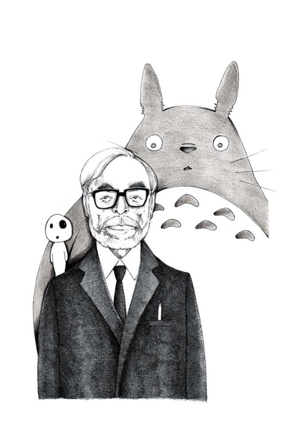 Hayao Miyazaki mit Totoro und Waldgeist