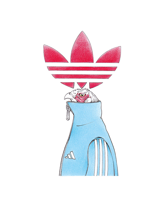 Hahn im hellblauen Adidas Jogginganzug mit rotem Hahnenkamm in der Form des Adidas Logos. Illustration "Casually Cocky" von Julian Opitz.