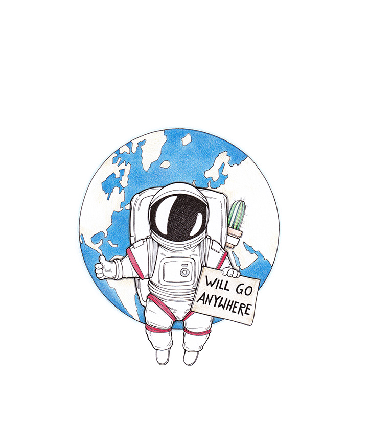 Ein Astronaut schwebt als Anhalter im Umkreis der Erde. Er hat den Tramper-Daumen gehoben. Auf einem Pappschild steht: "Will Go Anywhere" - Hauptsache weg.