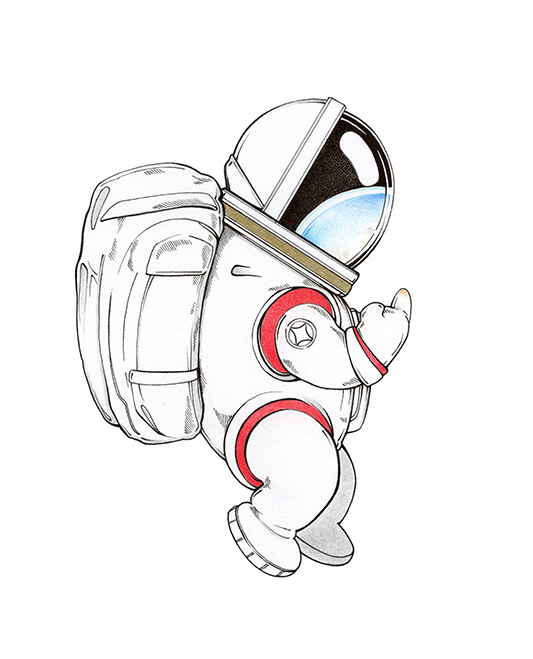 Ein im All schwebender Astronaut zeigt der Erde den erhobenen Mittelfinger. Illustration "Nach Hause telefonieren" von Julian Opitz.