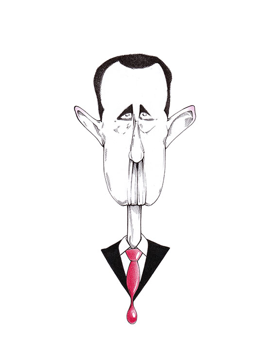 Karikatur des syrischen Diktators Baschar al-Assad mit Pofalte im Gesicht: Assad im Arsch