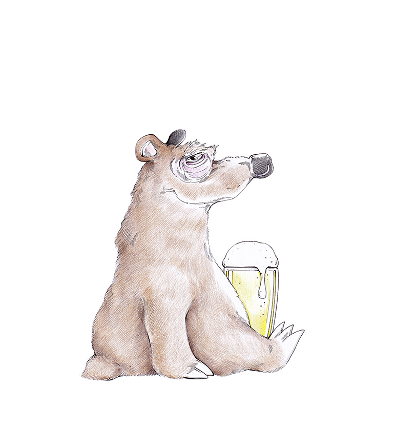 Zeichnung eines braunen Bären. Das leicht angetrunkene Tier sitzt gemütlich auf dem Hinterteil – neben ihm steht ein frisch gezapftes Bier. Illustration "Bierbärchen" von Julian Opitz.