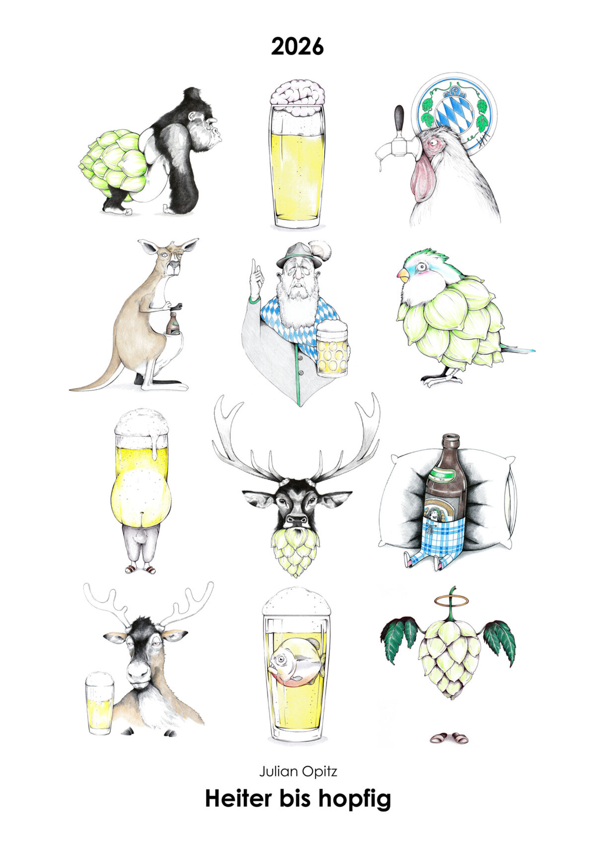 Titelseite des Bier-Kalenders 2026 mit 12 einzigartigen Bier-Illustrationen