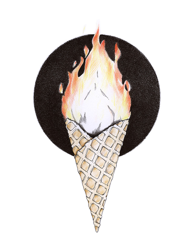 Eine Eiswaffel brennt lichterloh wie eine Fackel. Illustration zur Klimakrise mit dem Titel "Endlich Sommer", gezeichnet von Julian Opitz.