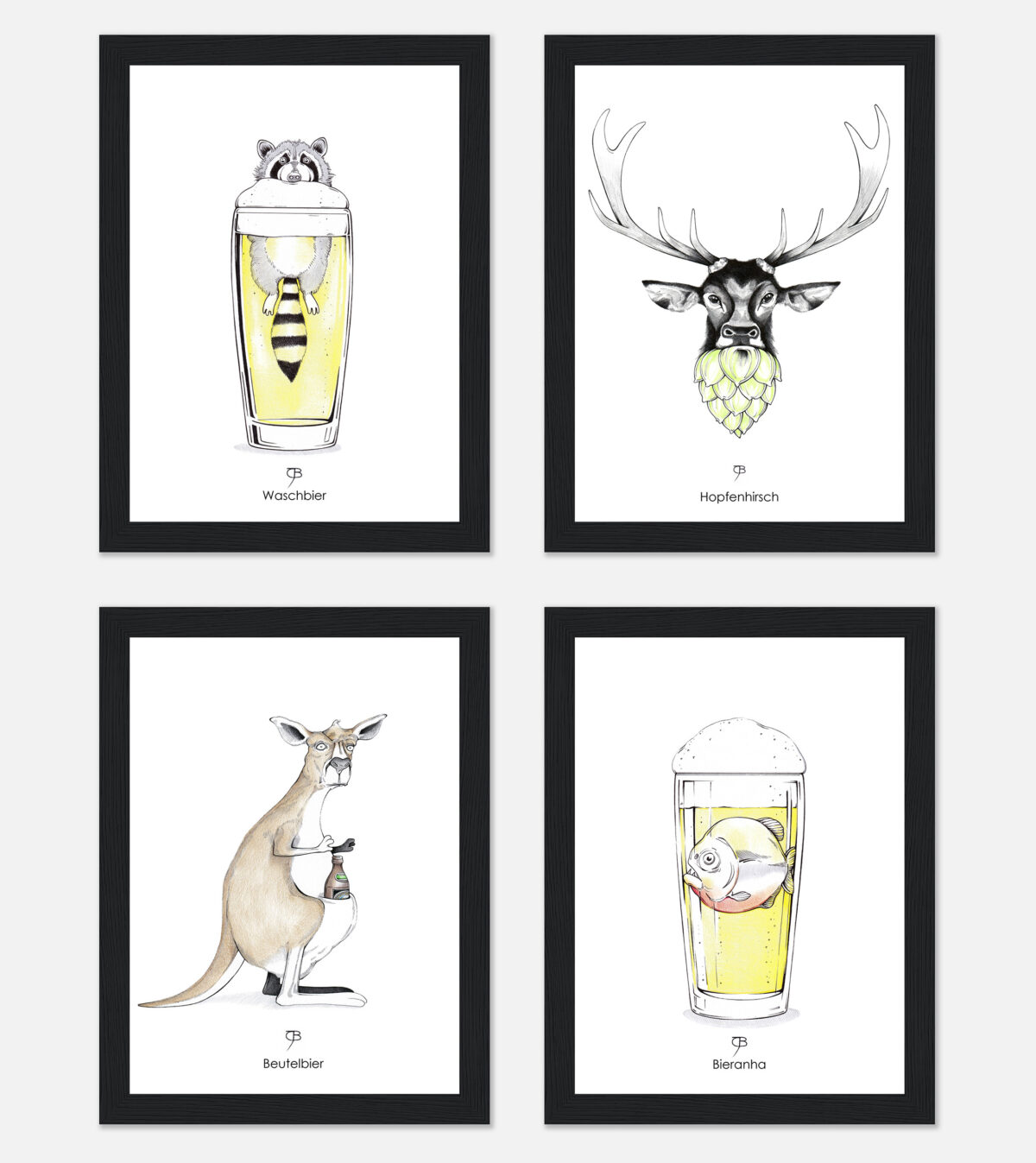 Ein Bundle bestehend aus 4 hopfigen Biertier-Kunstdrucken