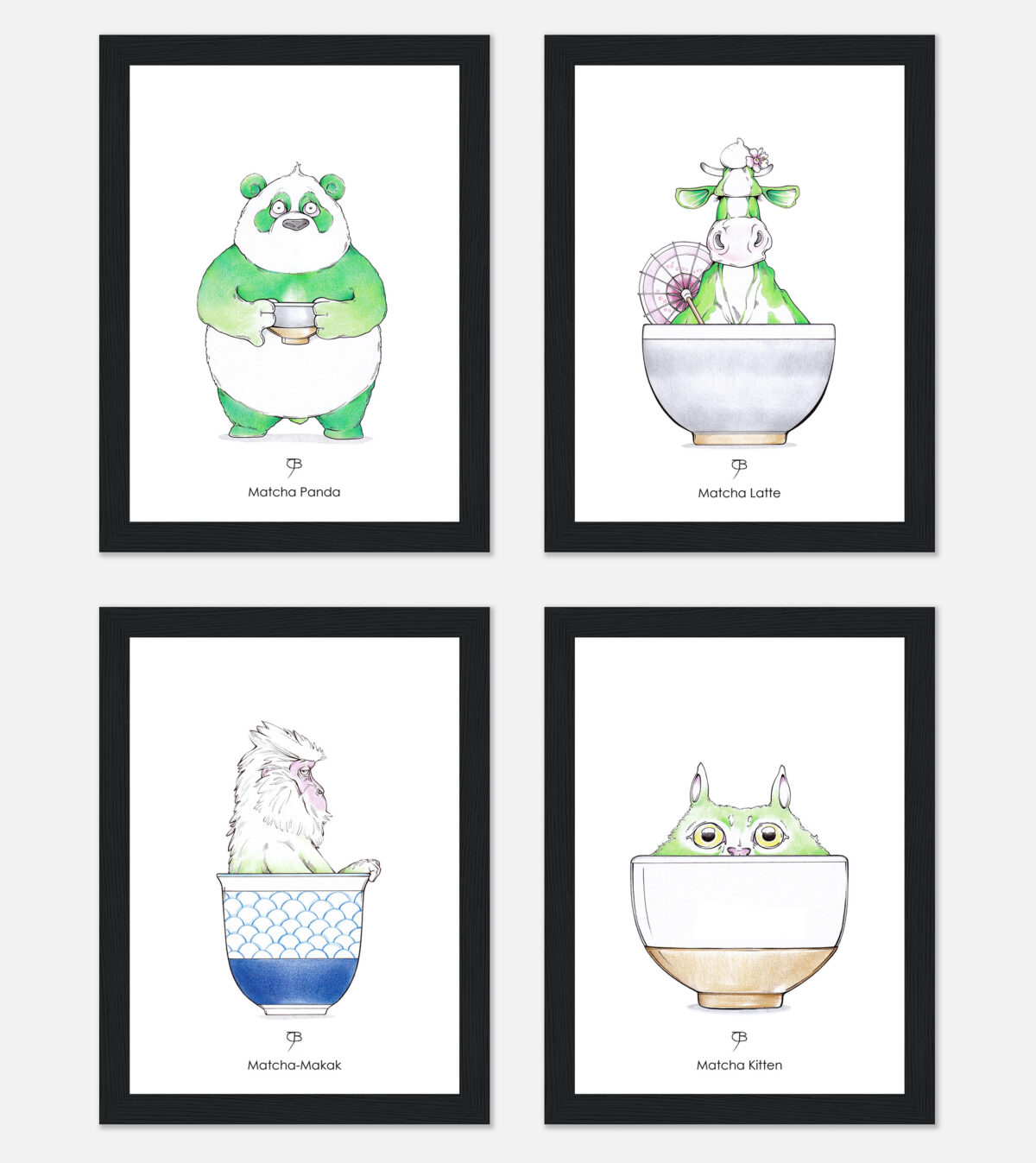 Ein Bundle bestehend aus 4 Kunstdrucken zum Thema Matcha Tee