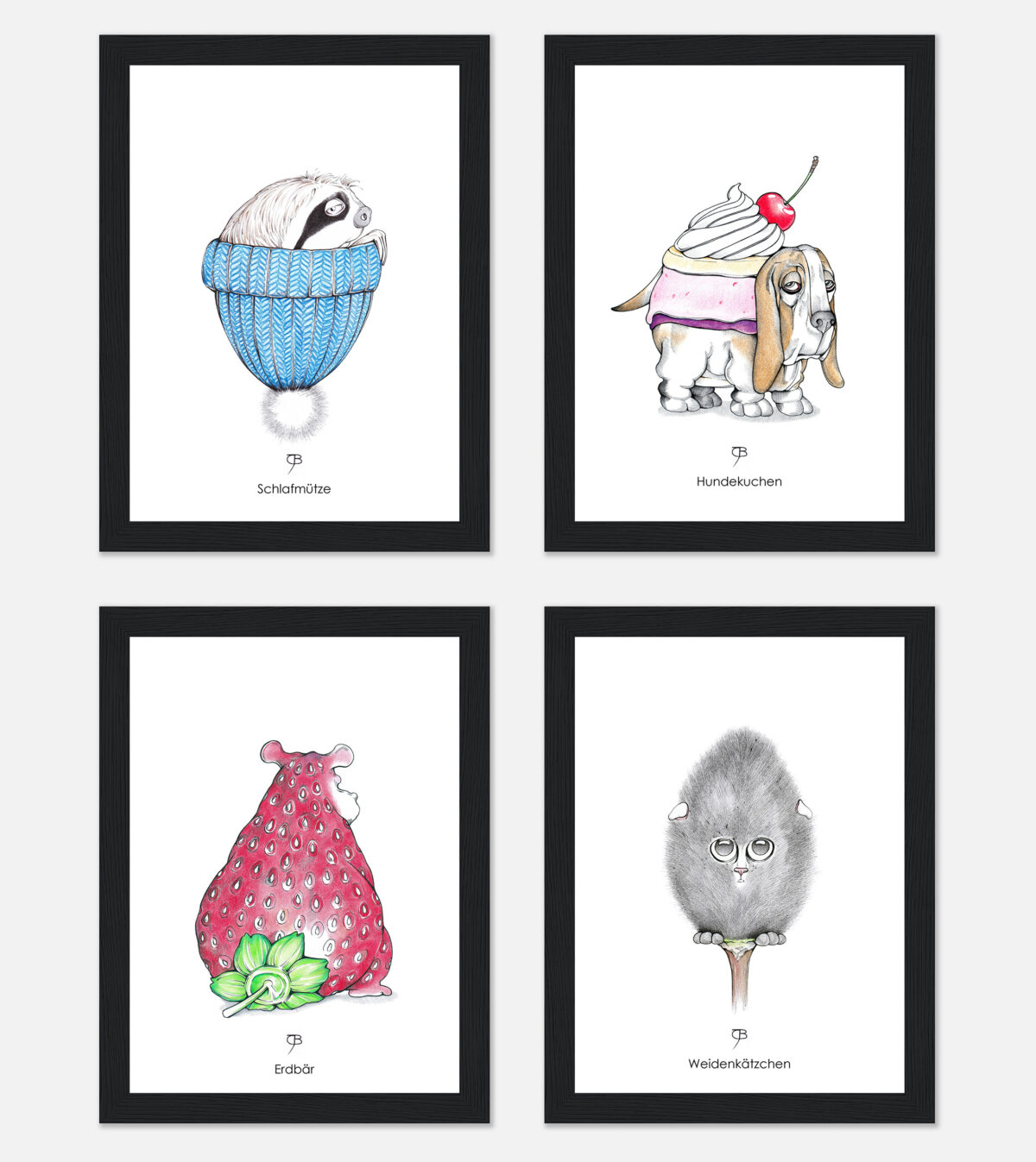 Ein Bundle bestehend aus vier süßen Tier-Kunstdrucken.