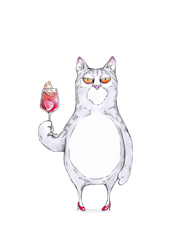 Zeichnung einer grauen Katze in roten Stöckelschuhen. In Ihrer Pfote hält sie ein Glas Campari mit Eiswürfel und Orangenscheibe. Illustration "Campari Cat" von Julian Opitz.