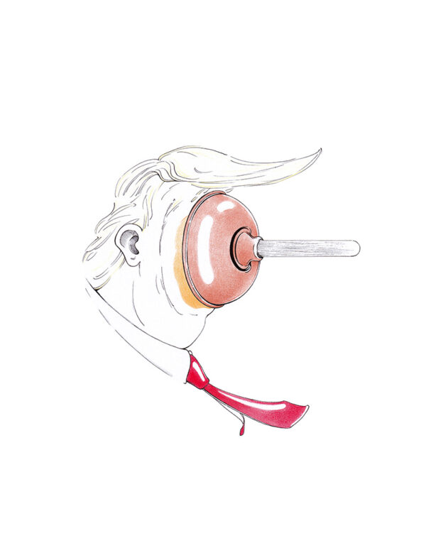 Politische Karikatur des amerikanischen Präsidenten Donald J. Trump mit einem Pömpel im Gesicht. Unter dem Pömpel quillt orange Soße hervor. Trump-Karikatur "Die Lösung" von Julian Opitz.