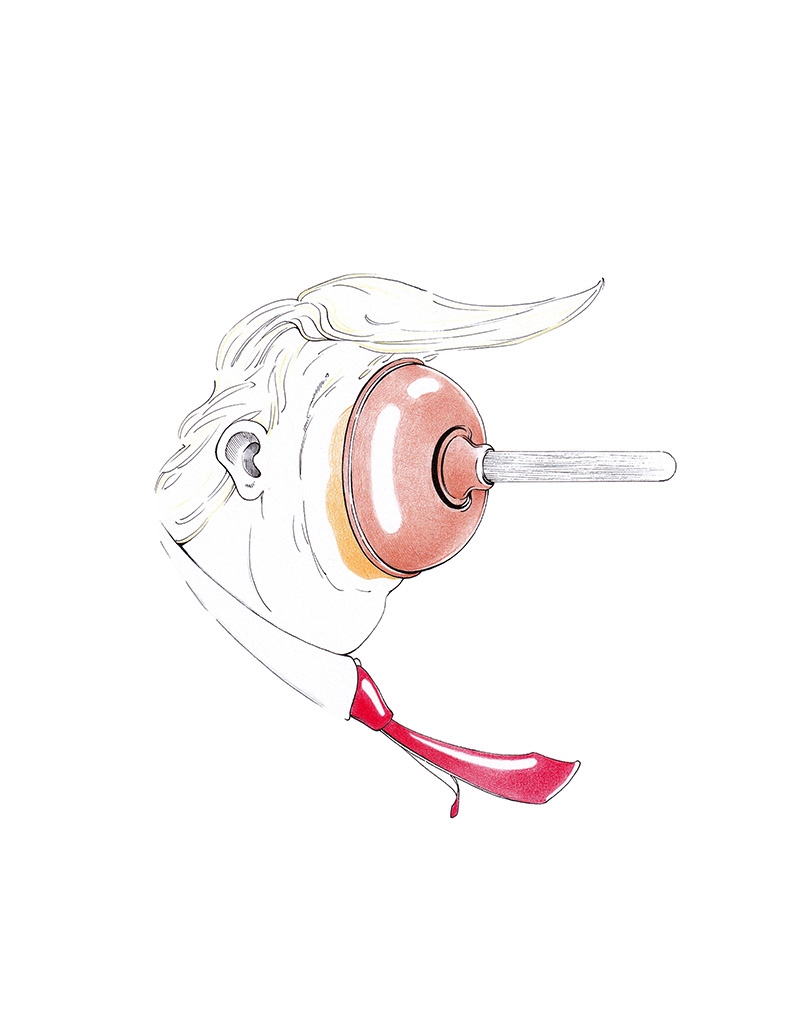 Politische Karikatur des amerikanischen Präsidenten Donald J. Trump mit einem Pömpel im Gesicht. Unter dem Pömpel quillt orange Soße hervor. Trump-Karikatur "Die Lösung" von Julian Opitz.