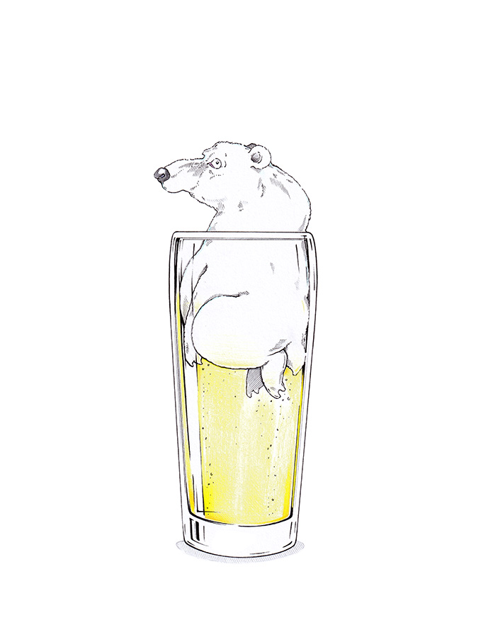 Ein Eisbär sitzt im Bierglas und guckt unschuldig. Illustration "Eisbier" von Julian Opitz.