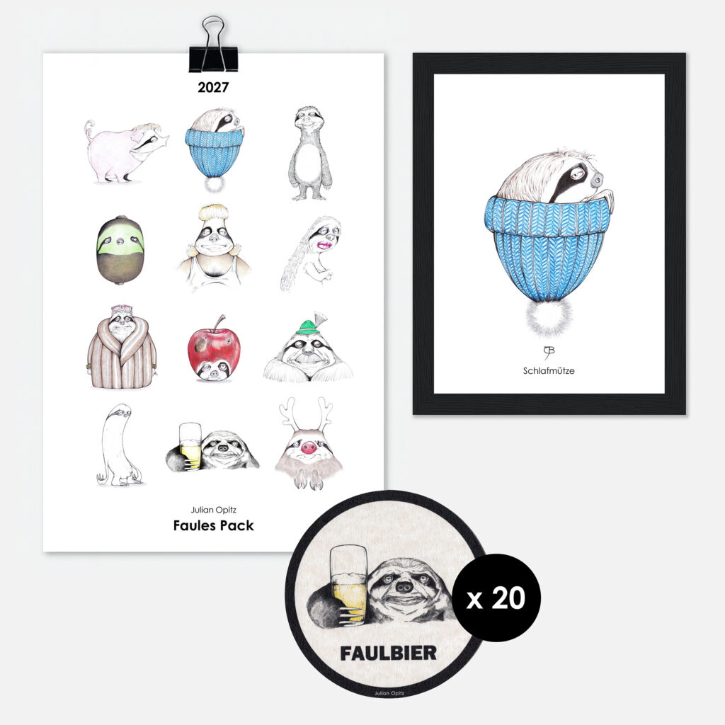 Das Faule Pack bestehend aus einem Faultier-Kalender, einem Faultier-Kunstdruck und 20 Faultier-Bierdeckeln