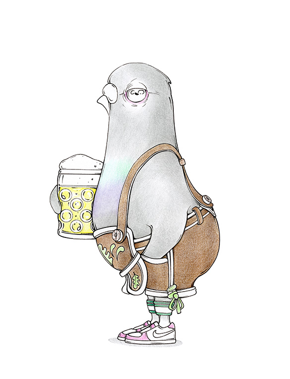 Zeichnung einer Taube in bayerischen Lederhosen mit Maßkrug unterm Flügel – bereit für die Wiesn. Illustration "Festzelttaube" von Julian Opitz.