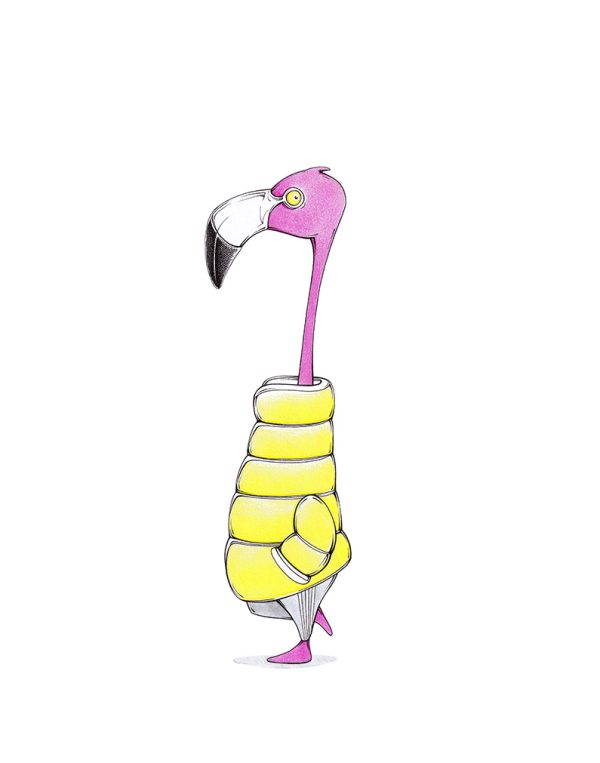 Ein pinker Flamingo in dicker, gelber Steppjacke. Der modisch gekleidete Vogel steht keck auf einem Bein. Illustration "Fluffy Flamingo" von Julian Opitz.