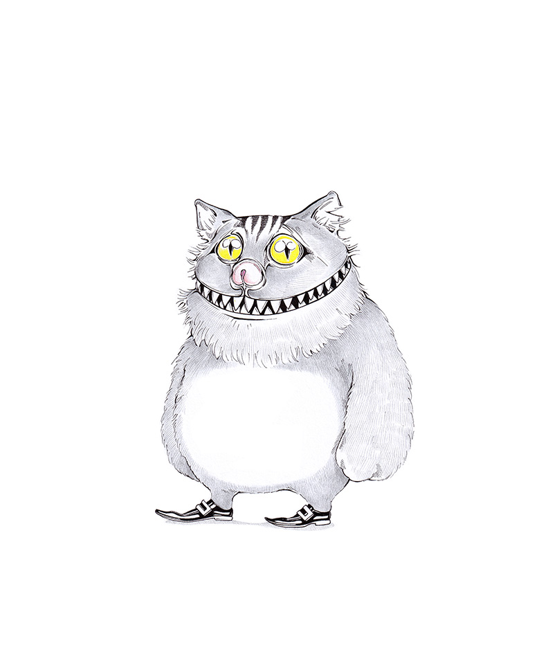 Dreckig grinsende Grinsekatze mit Pimmelschnauze und Lackschuhen. Illustration "Grinsecazzo" von Julian Opitz.