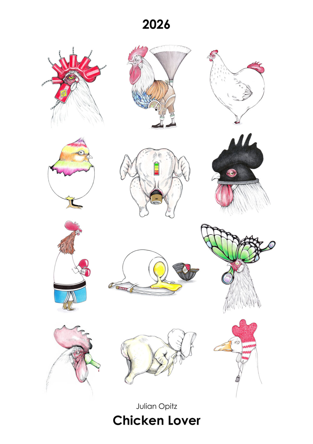 Titelseite des Hahnen-Kalenders 2026 mit 12 witzigen Hahn und Huhn Illustrationen