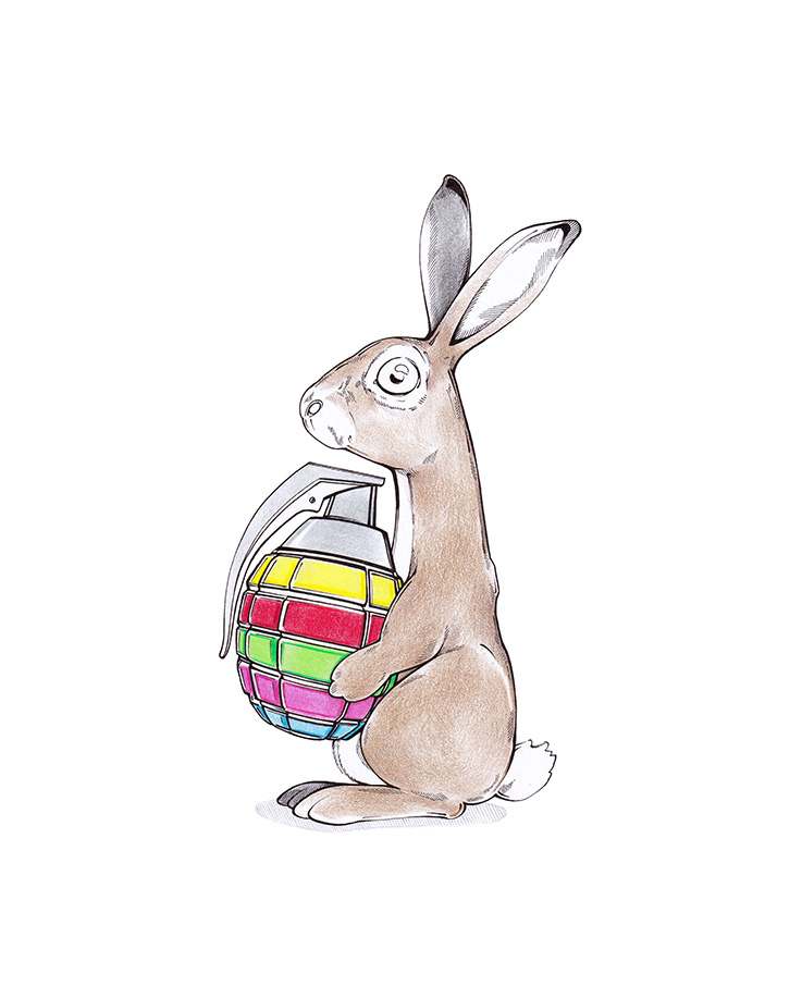 Ein Osterhase hält anstelle eines Ostereis eine bunt bemalte Handgranate in den Pfoten. Illustration "Happy Easter" von Julian Opitz.