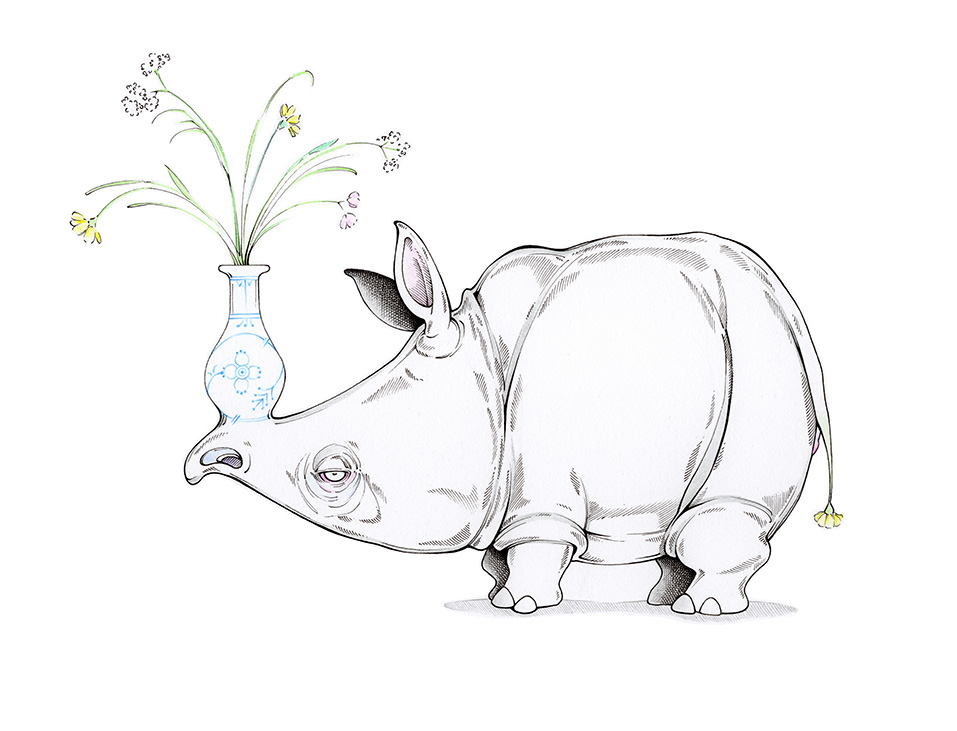 Zeichnung eines Nashorns. Anstelle des Horns wächst dem Tier eine geblümte Vase aus der Schnauze, in der ein paar Blümchen stecken. Illustration "Harte Schale, weicher Kern" von Julian Opitz.