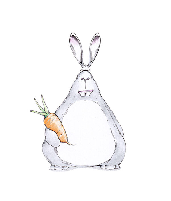 Zeichnung eines dreckig grinsenden Hasen mit kleiner Karotte im Arm. Illustration "Möhrchen" von Julian Opitz.