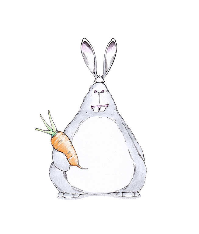 Zeichnung eines dreckig grinsenden Hasen mit kleiner Karotte im Arm. Illustration "Möhrchen" von Julian Opitz.