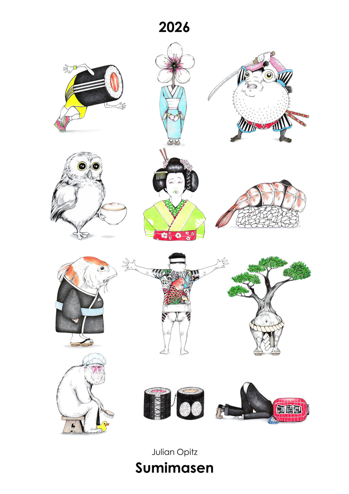 Titelseite des Japan-Kalenders 2026 mit 12 einzigartigen Japan-Illustrationen