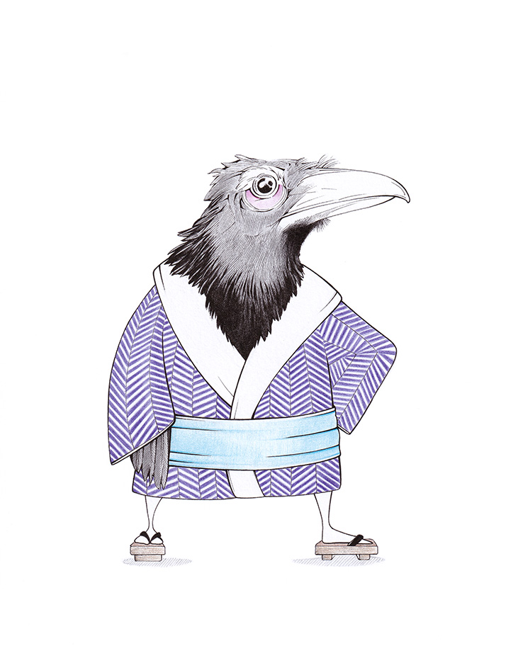 Zeichnung einer Krähe im lilafarbenen japanischen Kimono. Illustration "Kimono-Krähe" von Julian Opitz.