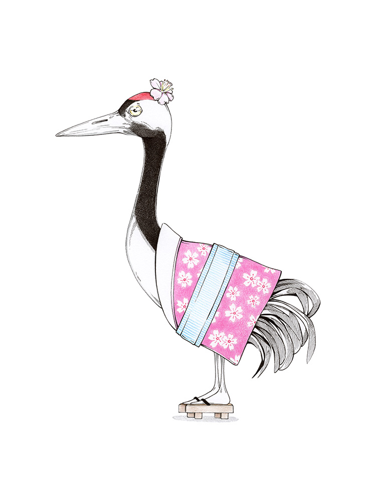 Ein japanischer Kranich im rosafarbenen Kirschblüten-Kimono. Illustration "Sakura-Kranich" von Julian Opitz.