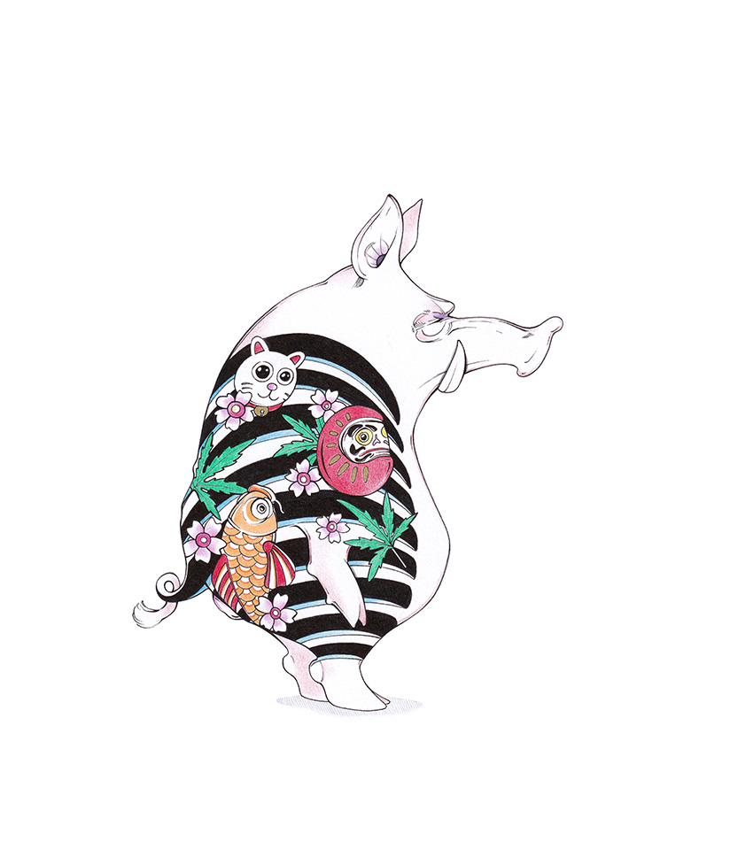 Schwein mit japanischen Yakuza-Tattoos: Illustration "Yakuza Schweinsbraten" von Julian Opitz.