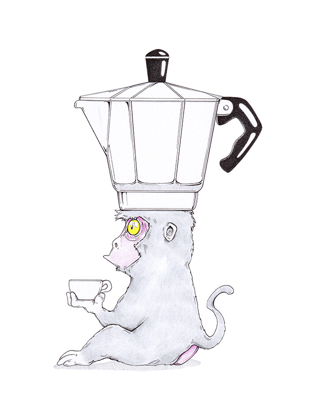 Zeichnung eines Äffchens mit großen Augen und Espresso-Kännchen auf dem Kopf. Kaffee-Illustration "Die Erleuchtung" von Julian Opitz.