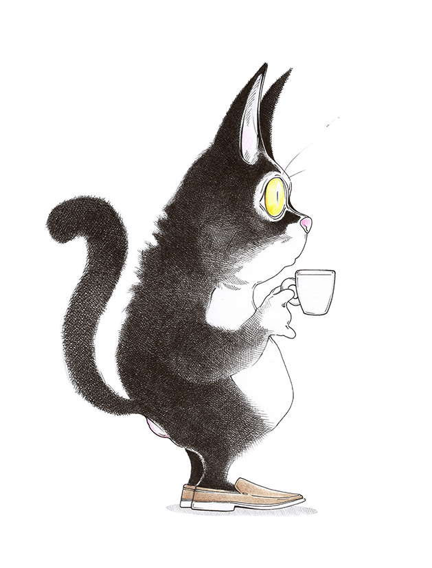 Entdecke den Kunstdruck „Catspresso“ – eine humorvolle, handgezeichnete Katzen-Illustration von Julian Opitz. Die liebevoll gestaltete Zeichnung zeigt eine aufrecht stehende schwarz-weiße Katze mit wachen Augen, adretten Lederslippern und einer Kaffeetasse in der Pfote. Dieser feinschraffierte Print bringt Charme und Witz in dein Zuhause und eignet sich ideal als originelle Wanddekoration für die Küche, das Homeoffice oder als Geschenkidee für alle Katzen- und Kaffeeliebhaber.