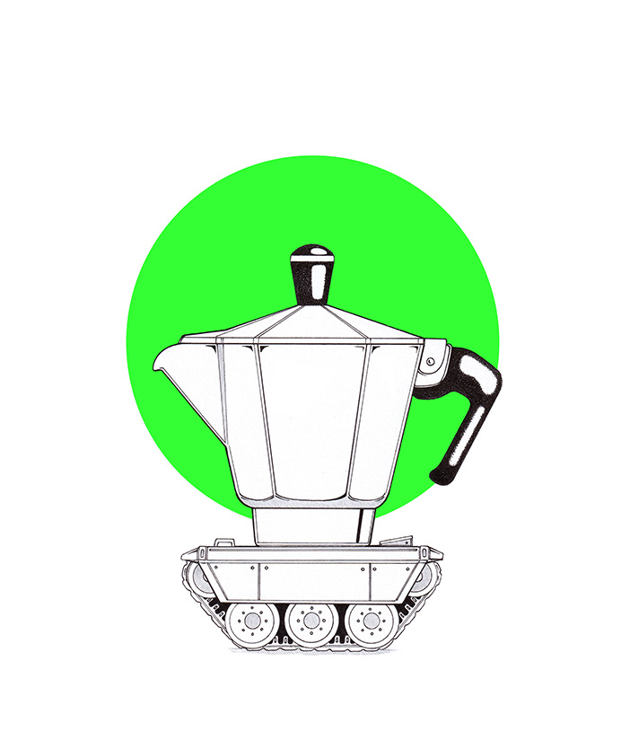 Ein Espresso-Kocher mit Kettenantrieb als kleiner friedlicher Kaffee-Panzer. Illustration "Aufröstung!" von Julian Opitz.