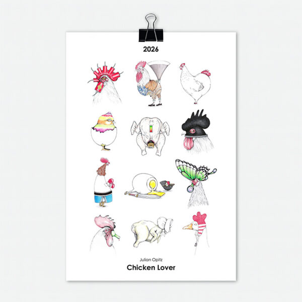 Titelseite des Hahnen-Kalenders 2026 mit 12 witzigen Hahn und Huhn Illustrationen