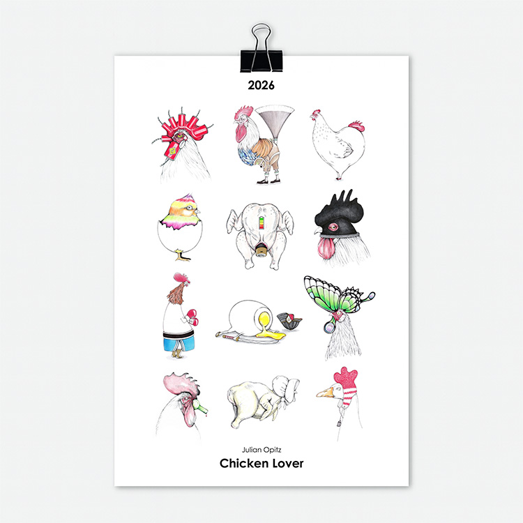Titelseite des Hahnen-Kalenders 2026 mit 12 witzigen Hahn und Huhn Illustrationen
