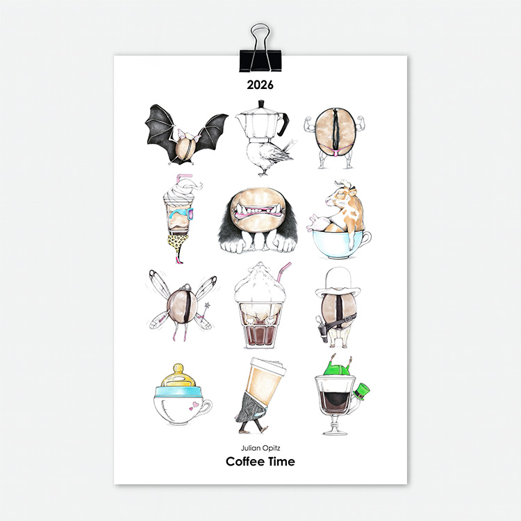 Titelseite des Kaffee-Kalenders 2026 mit 12 einzigartigen Kaffee-Illustrationen