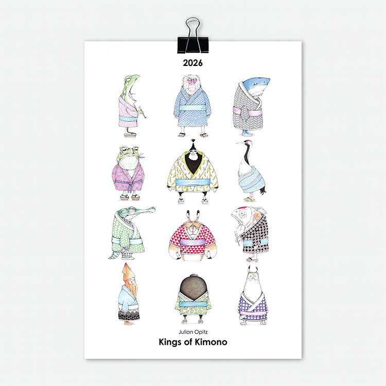 Titelseite des Kimono-Kalenders 2026 mit 12 originellen Kimono-Illustrationen
