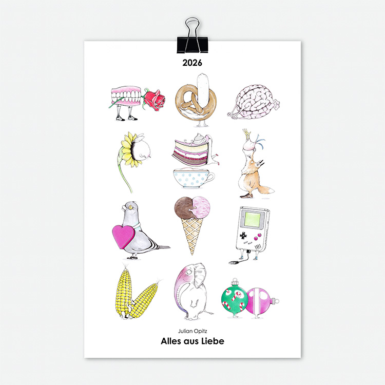 Titelseite des Liebes-Kalenders 2026 mit 12 Illustrationen rund um das Thema Liebe