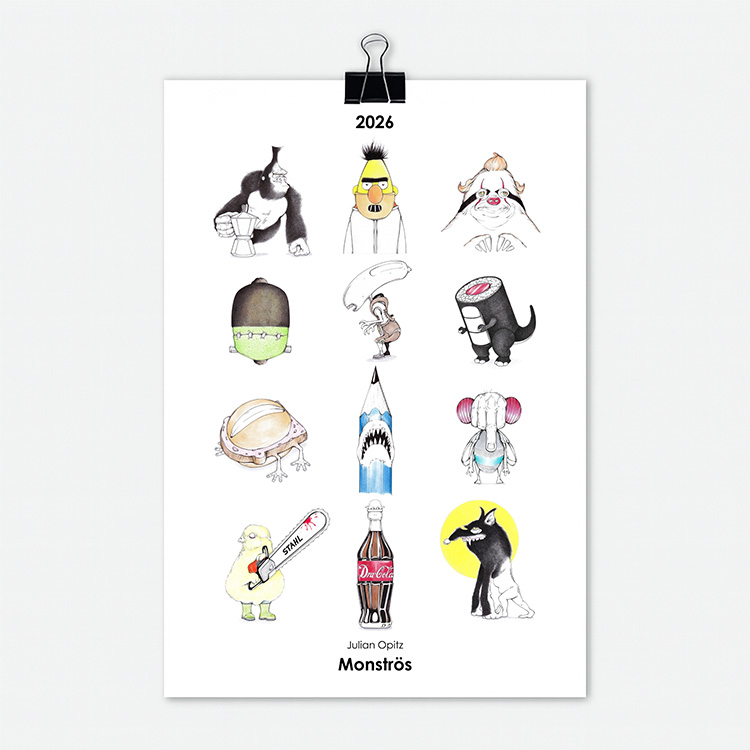 Titelseite des Monster-Kalenders 2026 mit 12 witzigen Monster-Illustrationen