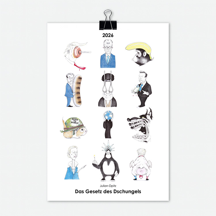 Titelseite des Politik-Kalenders 2026 mit 12 politischen Karikaturen zum Zeitgeschehen