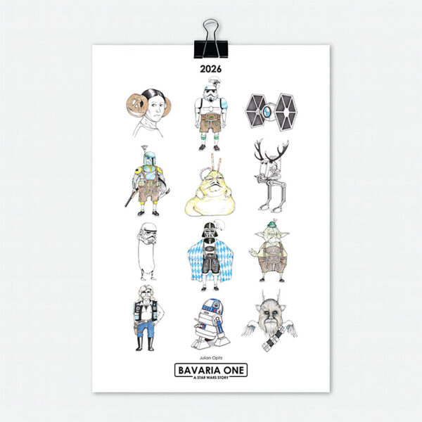 Titelseite des Star Wars Kalenders 2026 Teil 1 mit 12 originellen bayerischen Star Wars Illustrationen