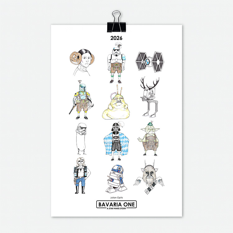 Titelseite des Star Wars Kalenders 2026 Teil 1 mit 12 originellen bayerischen Star Wars Illustrationen