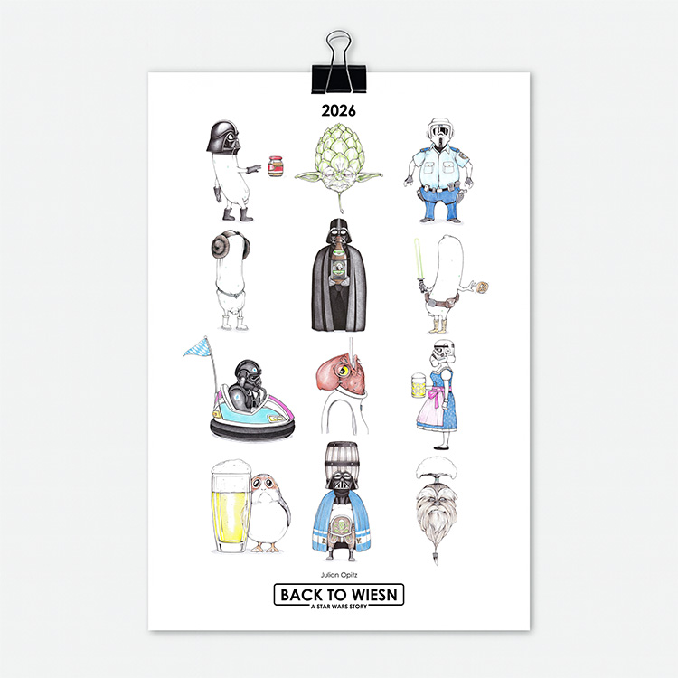 Titelseite des Star Wars Kalenders 2026 Teil 3 mit 12 originellen bayerischen Star Wars Illustrationen