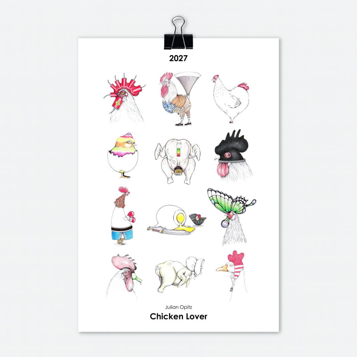 Hähne und Hühner Kalender 2027 Titelseite mit 12 witzigen Hahn und Huhn Illustrationen