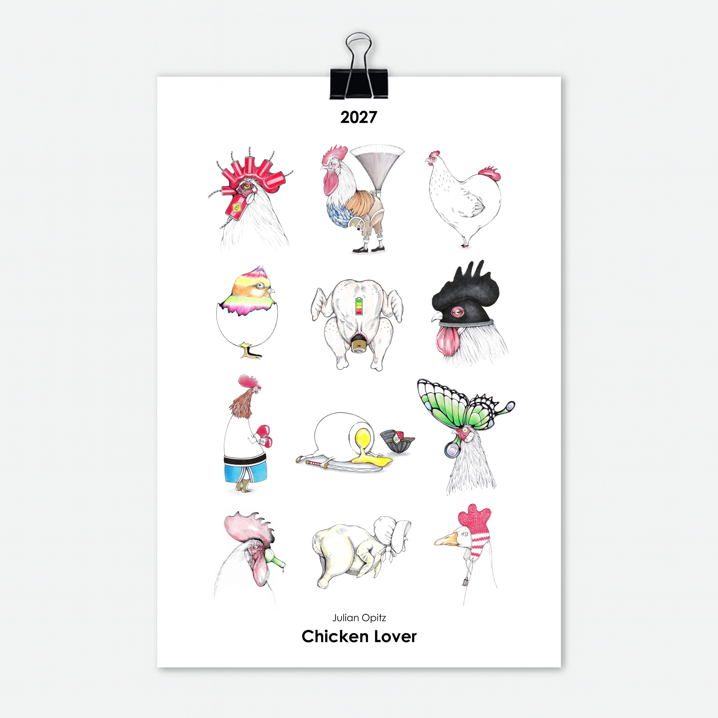 Hähne und Hühner Kalender 2027 Titelseite mit 12 witzigen Hahn und Huhn Illustrationen