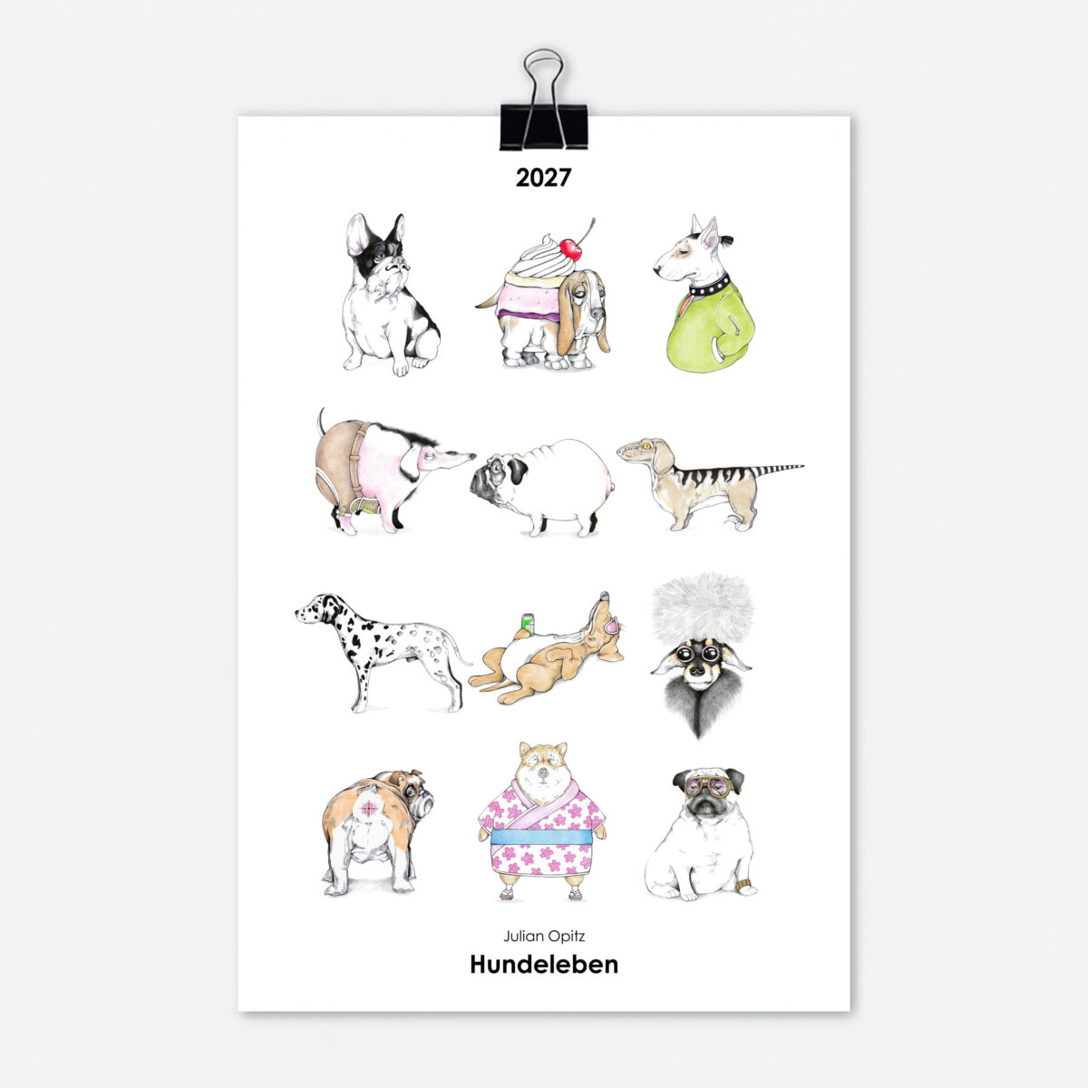 Hunde Kalender 2027 Titelseite mit 12 witzigen Hunde Illustrationen