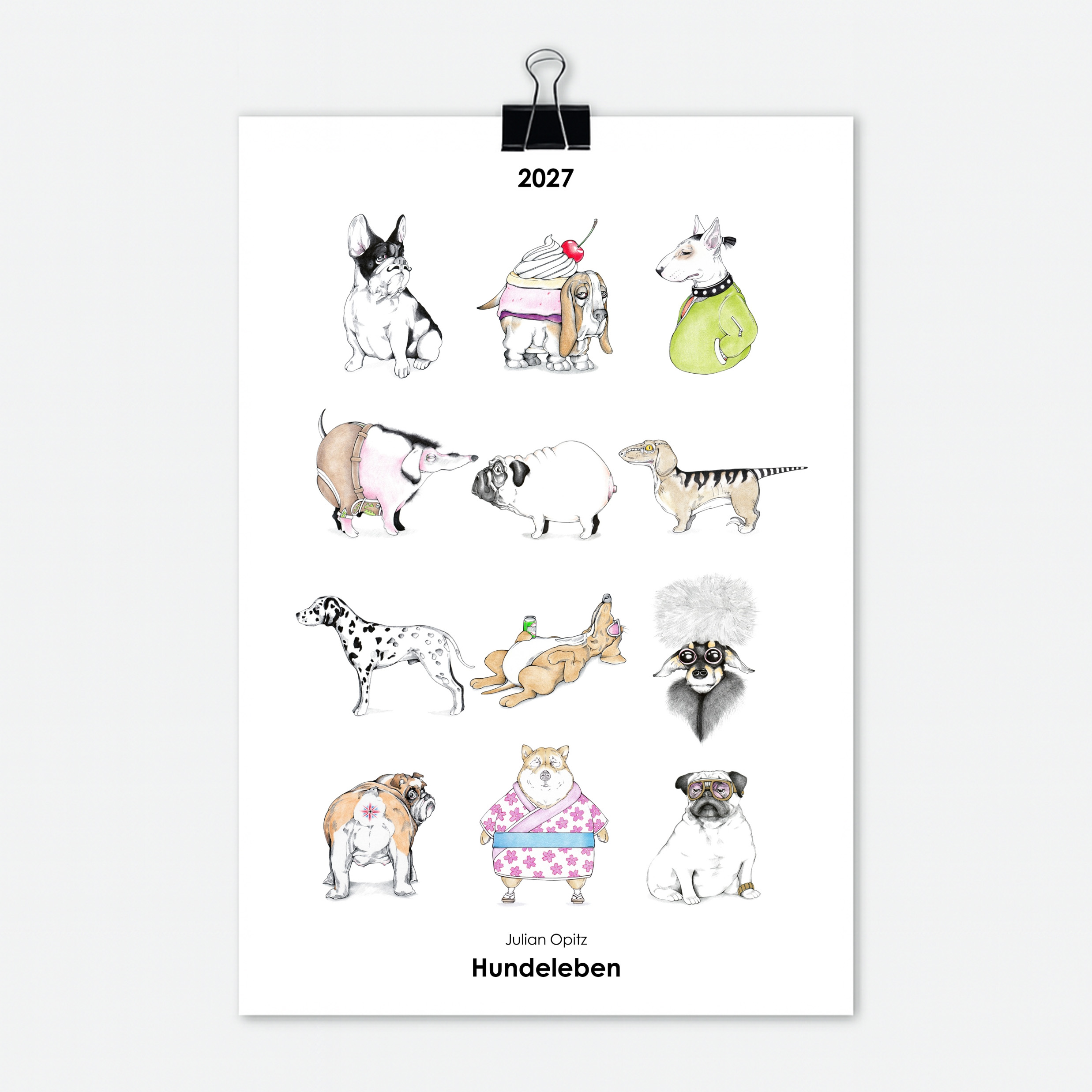 Hunde Kalender 2027 Titelseite mit 12 witzigen Hunde Illustrationen