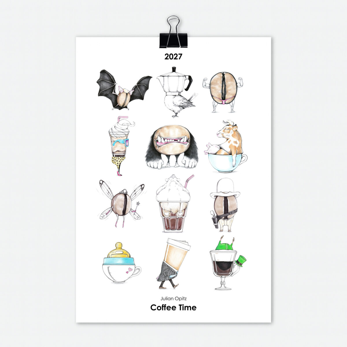 Kaffee Kalender 2027 Titelseite mit 12 witzigen Kaffee Illustrationen