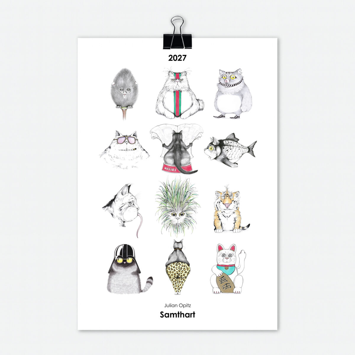 Katzen Kalender 2027 Titelseite mit 12 witzigen Katzen Illustrationen