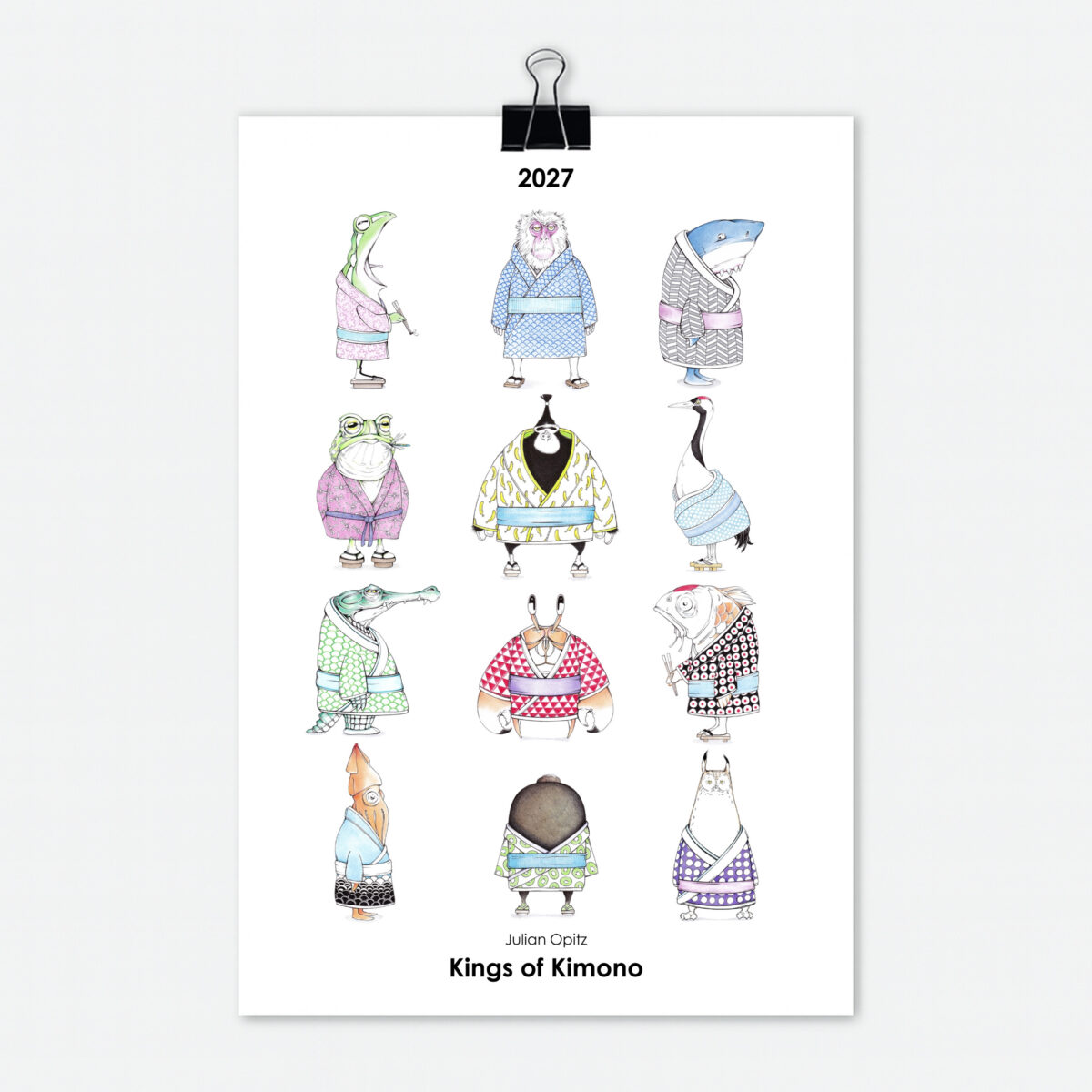 Kimono Kalender 2027 Titelseite mit 12 witzigen Kimono Illustrationen