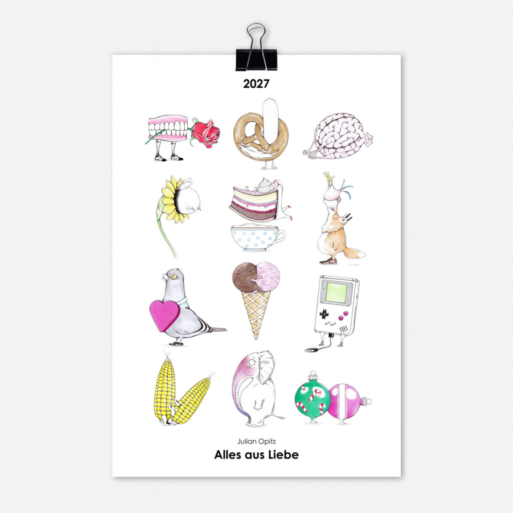 Liebes-Kalender 2027 Titelseite mit 12 witzigen Illustrationen zum Thema Liebe und Leidenschaft